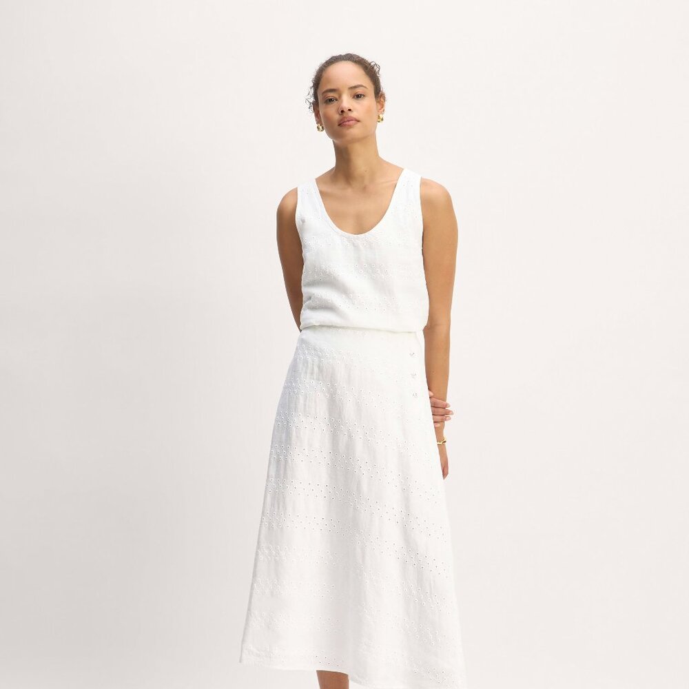 Everlane Women's Linen Eyelet Midi Skirt in White Eyelet, Size 4